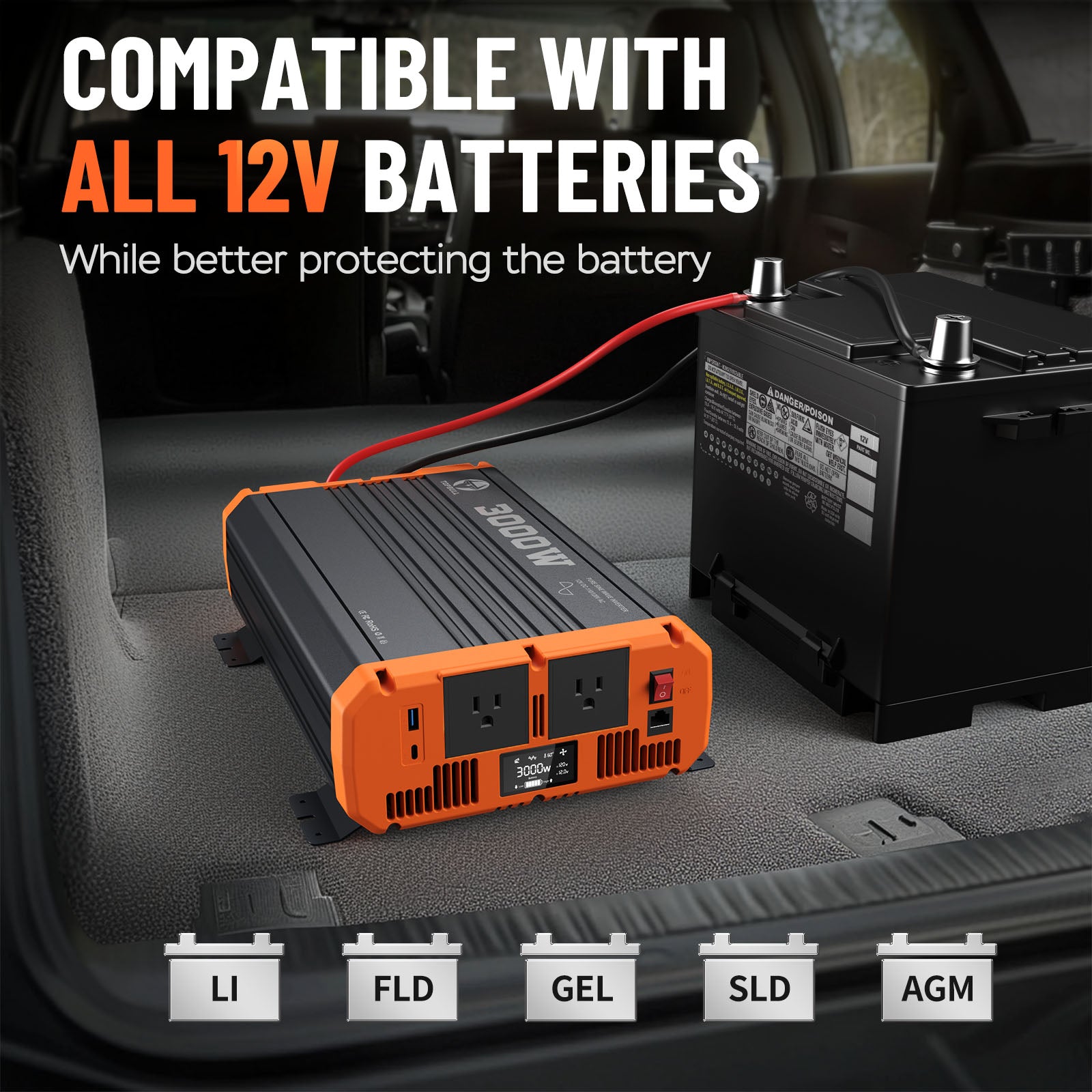 This inverter is compatible with all 12V batteries