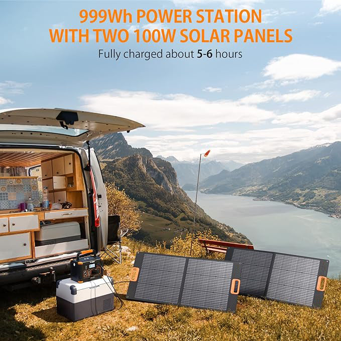 999wh power station with two 100w solar panels