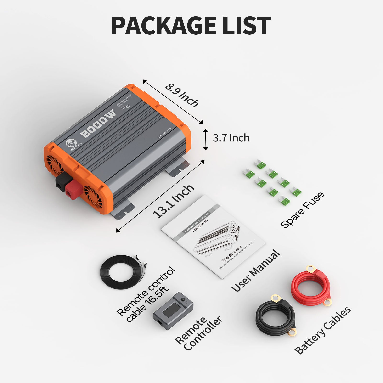 Topbull 2000W pure sine wave inverter package list